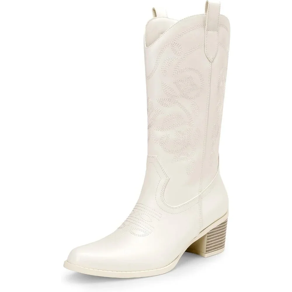 Women's White Cowboy Faux Leather Embroidery Stitched Chunky Heel Mid Calf Boots